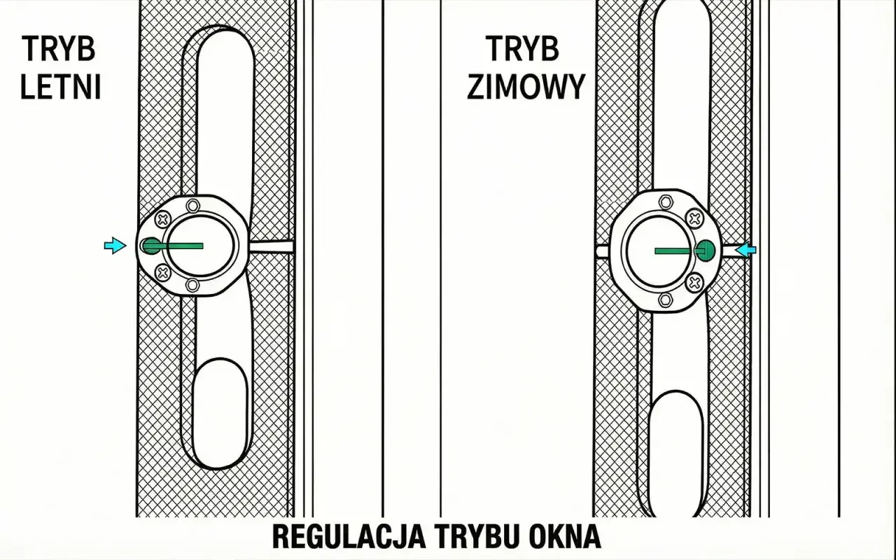 Regulacja okucia obwiedniowego okna: tryb letni i zimowy. Pokazuje, jak zmienić ustawienie, by dostosować docisk skrzydła.