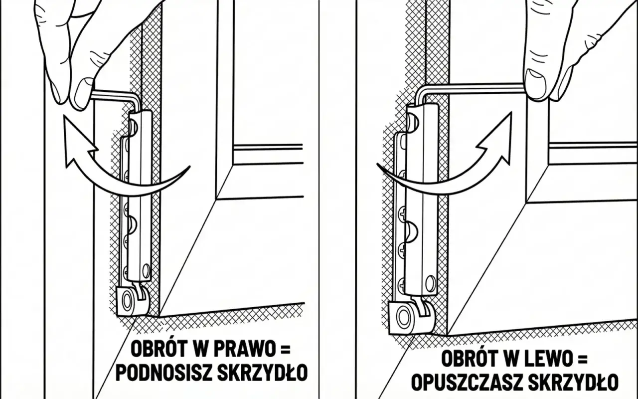 Regulacja okucia okiennego: obrót w prawo podnosi skrzydło, obrót w lewo je opuszcza.