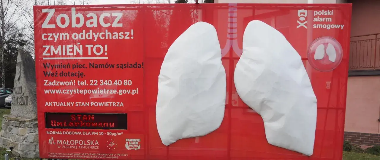 Plakat z płucami i napisem "Zobacz czym oddychasz! Zmień to!". Informuje o smogu i normach lzo normy.