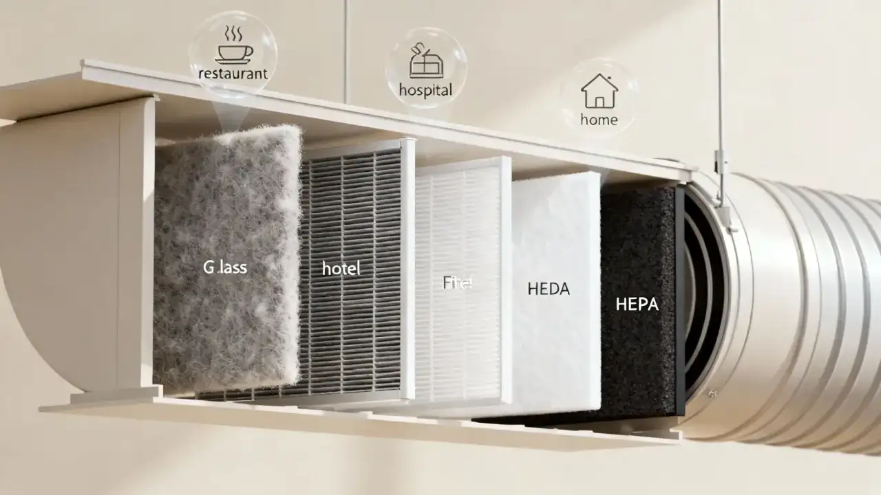 Różne klasy filtrów powietrza: Glass, hotel, Fine, HEDA, HEPA. Odpowiednie do restauracji, szpitali i domów.