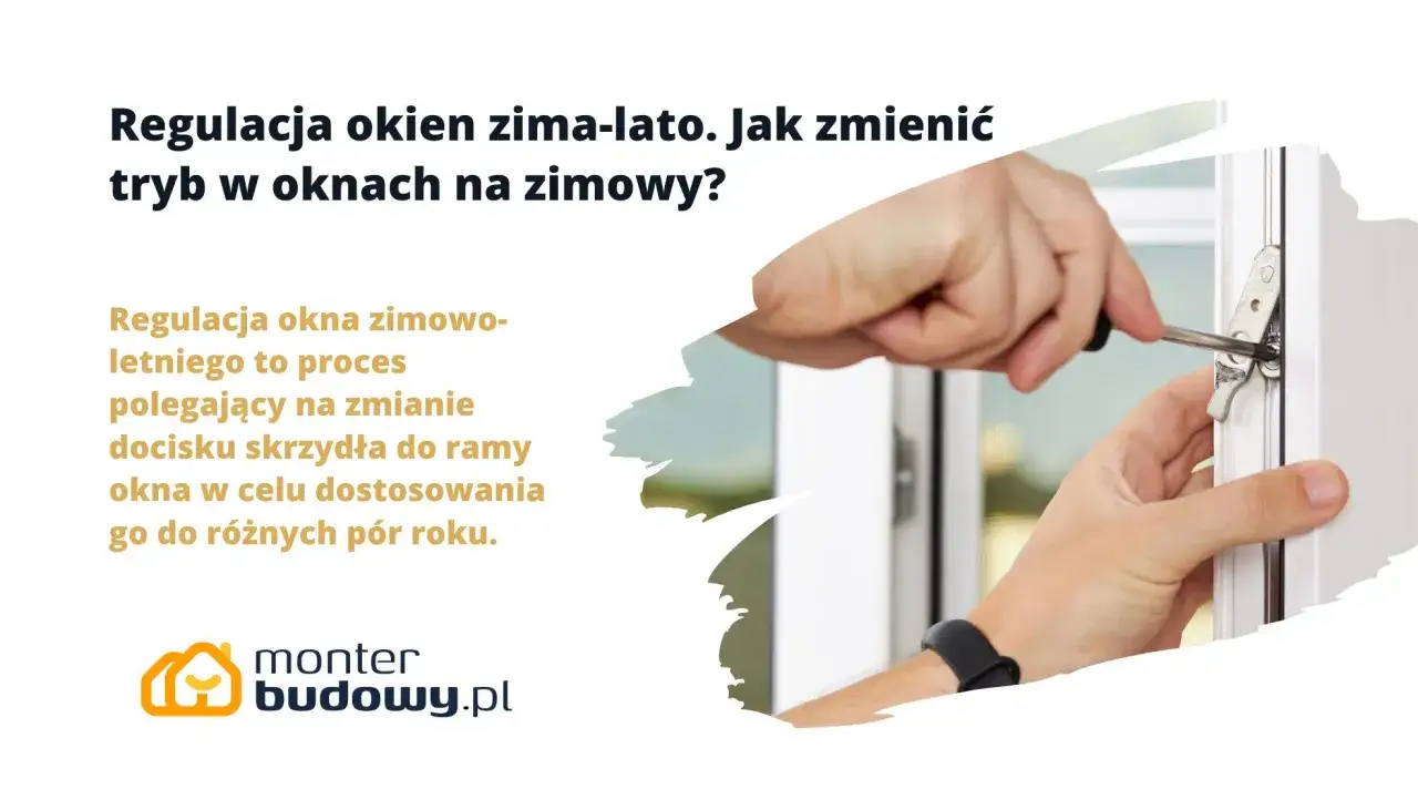 Regulacja okna zimowo-letnia: ręka z śrubokrętem dostosowuje docisk skrzydła do ramy, by zapewnić komfort przez cały rok.
