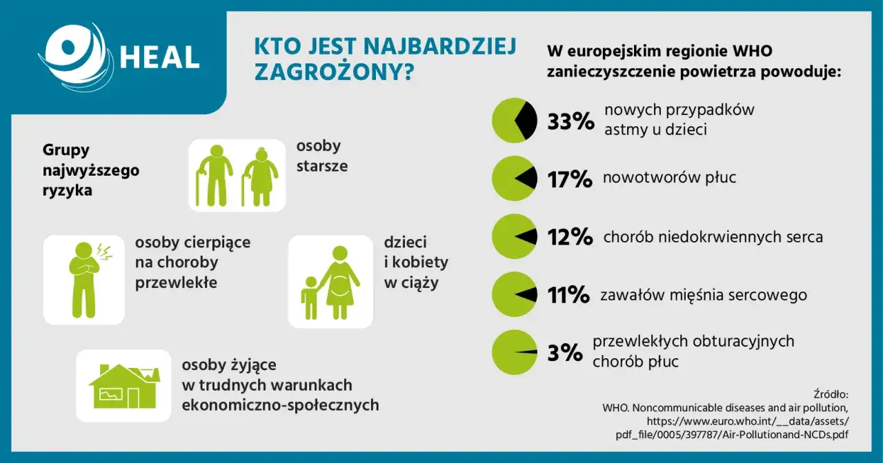 Zanieczyszczenie powietrza, w tym ilość pył&oacute;w zawieszonych, powoduje 33% nowych przypadk&oacute;w astmy u dzieci, 17% nowotwor&oacute;w płuc i 12% chor&oacute;b serca.