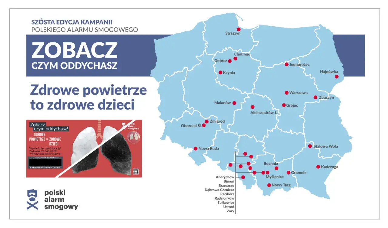Mapa Polski z zaznaczonymi miastami, gdzie jest zanieczyszczone powietrze. Kampania