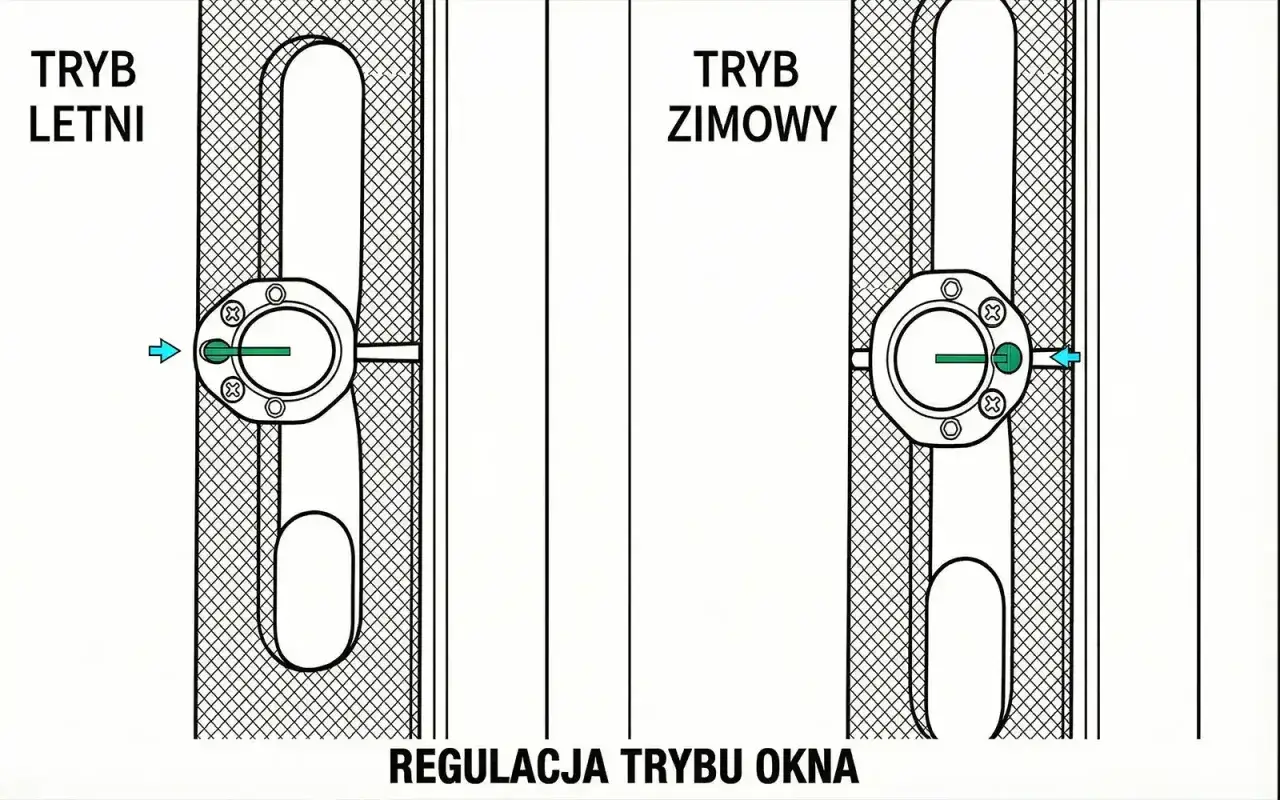 Regulacja okucia okiennego: tryb letni i zimowy. Pokazuje mechanizm zmiany pozycji elementu dociskającego skrzydło okna.