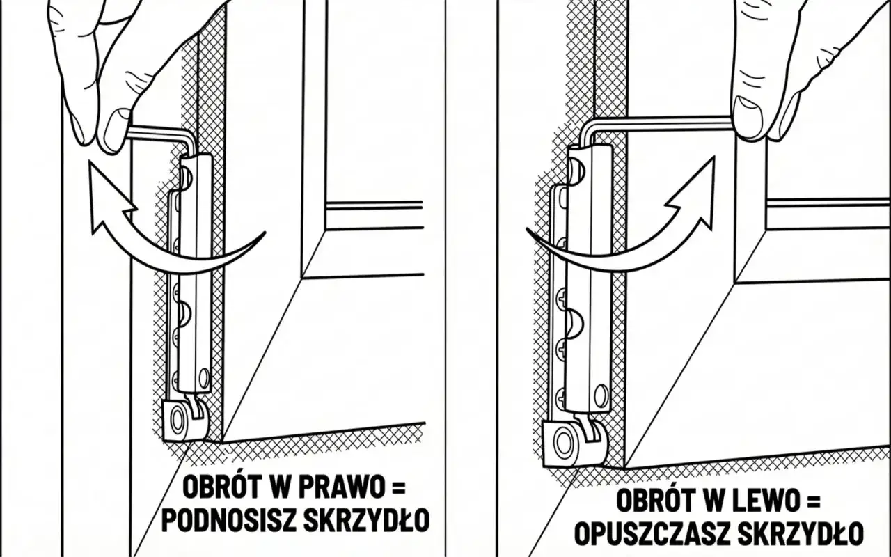 Instrukcja regulacji okna Winkhaus: obrót kluczem w prawo podnosi skrzydło, w lewo opuszcza.