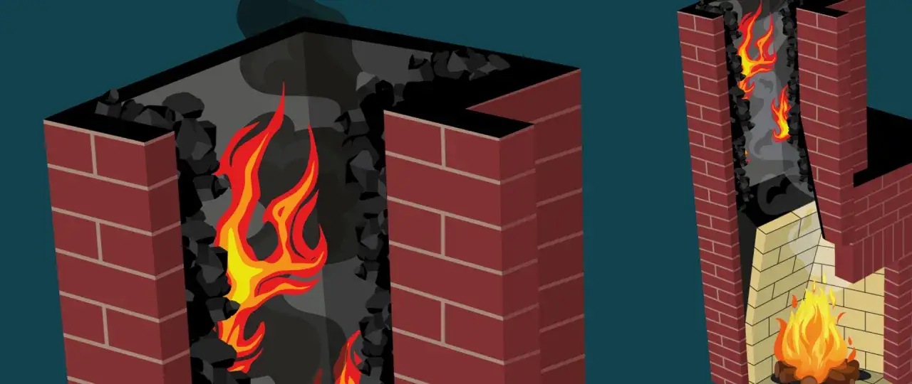 Ilustracja pokazuje przekrój komina z płonącym ogniem i sadzą. Dowiadujemy się, jak długo wypala się sadza w kominie.