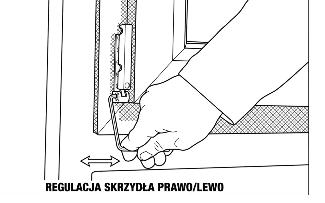 Regulacja skrzydła okna za pomocą klucza imbusowego, dostosowanie okucia okiennego.