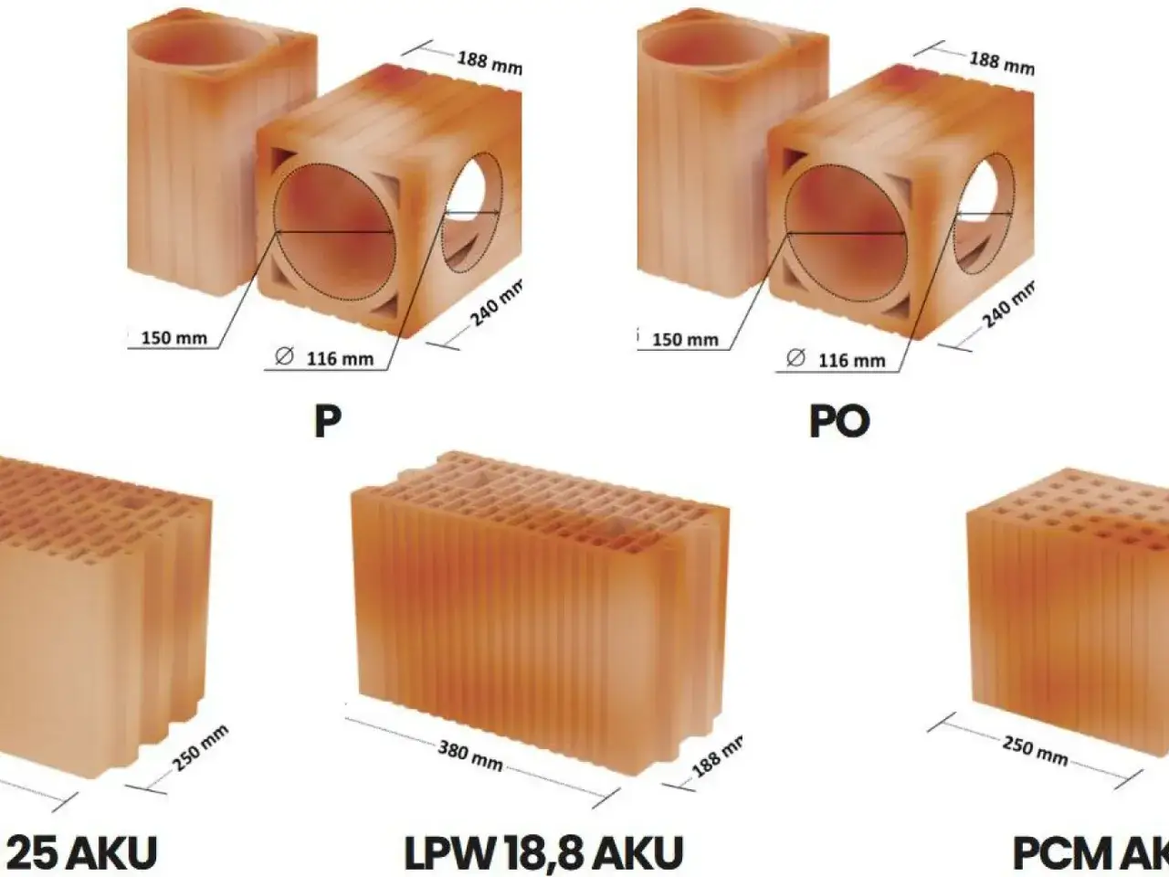 Elementy ceramiczne do wentylacji grawitacyjnej: kanały P i PO o średnicy 116 mm, oraz pustaki budowlane 25 AKU, LPW 18,8 AKU, PCM AK.