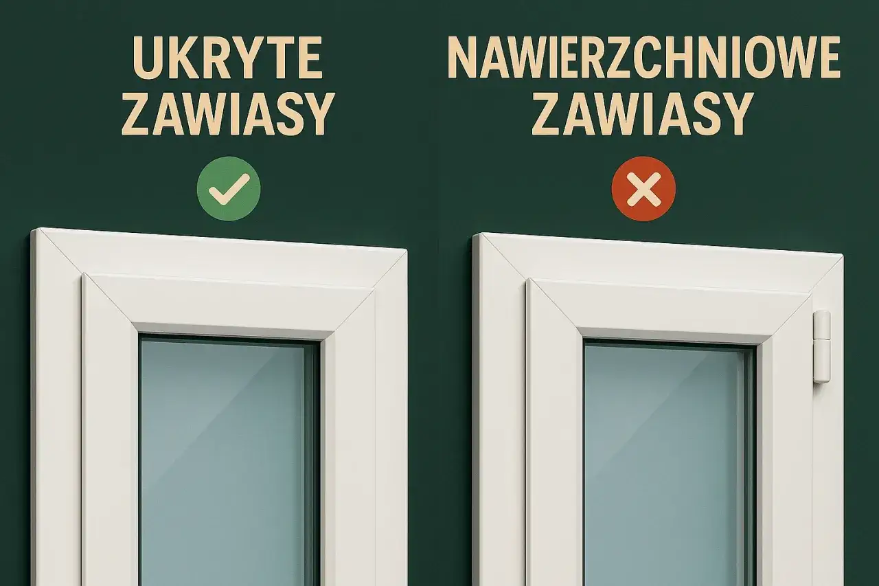 Porównanie okien: po lewej eleganckie, z ukrytymi zawiasami, po prawej z widocznymi, nawierzchniowymi zawiasami.