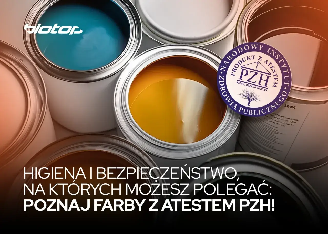 Puszki z farbami w różnych kolorach, w tym turkusową i żółtą. Na jednej z nich widnieje logo 