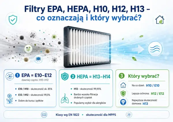 Ilustracja porównuje filtry EPA i HEPA, pokazując ich skuteczność w oczyszczaniu powietrza z zanieczyszczeń. Wyjaśnia, który filtr EPA lub HEPA wybrać w zależności od potrzeb.