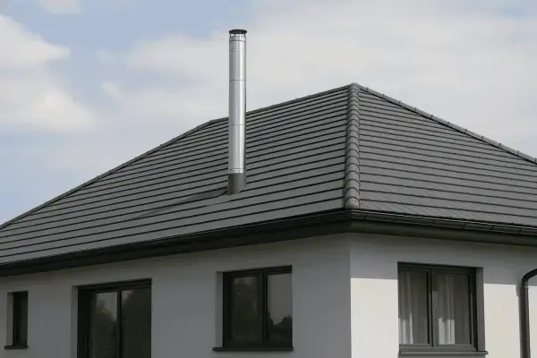 Nowoczesny komin systemowy na dachu z szarej dachówki. Wymiary komina są standardowe dla tego typu budownictwa.