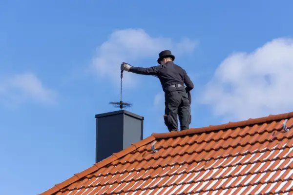 Kominiarz w cylindrze wykonuje przegląd kominiarski przy piecu gazowym, czyszcząc komin na dachu.
