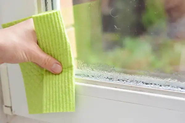 Dłoń z zieloną ściereczką wyciera skraplanie powietrza na szybie okiennej. Krople wody tworzą smugę na dolnej krawędzi okna.