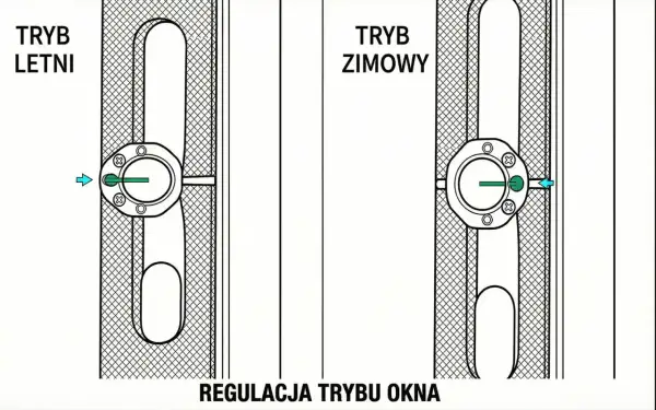 Regulacja okucia obwiedniowego okna: tryb letni i zimowy. Pokazuje, jak zmienić ustawienie, by dostosować docisk skrzydła.