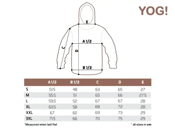 Tabela rozmiarów odzieży z oznaczeniami A1/2, B1/2, C, D, E. Komin leier wymiary podane w cm dla rozmiarów S-3XL.