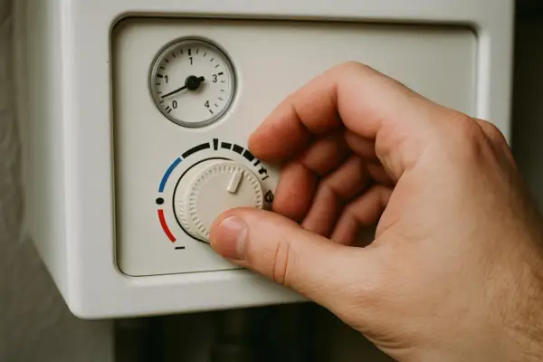 Dłoń reguluje termostat kotła, optymalizując odzysk ciepła ze spalin z komina dla efektywnego ogrzewania.