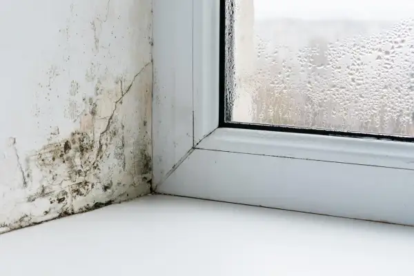 Pleśń na ścianie i zaparowane okno świadczą o dużej wilgotności powietrza przy wysokiej temperaturze.