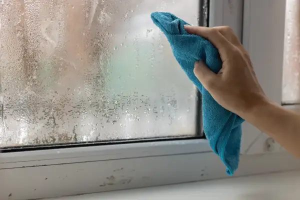 Ręka z niebieską ściereczką wyciera zaparowane okno. Ściereczka skutecznie pochłania wilgoć, przywracając przejrzystość szyby.