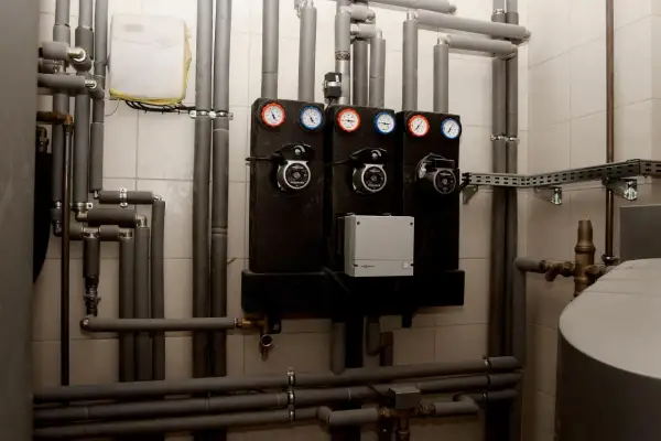 System pomp i manometrów, kluczowy dla prawidłowego działania pieca węglowego. Jakie rury do pieca węglowego? Tutaj widzimy izolowane rury i połączenia.
