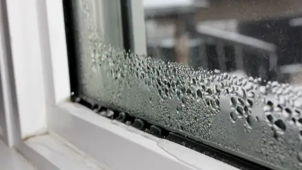 Krople wody na oknach po nocy tworzą wzory. Widać je na białej ramie okiennej.