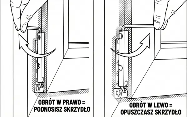 Regulacja okucia okiennego: obrót w prawo podnosi skrzydło, obrót w lewo je opuszcza.