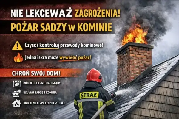 Strażak gasi pożar sadzy w kominie. Pojedyncze iskry z komina mogą wywołać pożar. Dbaj o czystość przewodów kominowych.