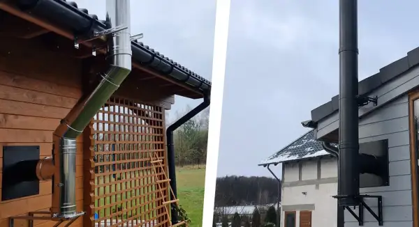 Dwa domy z zainstalowanymi systemami kominowymi. Po lewej błyszczący komin systemowy bez pozwolenia, po prawej czarny.