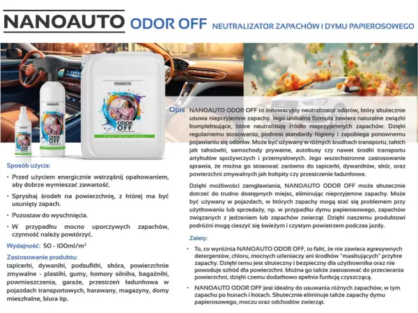 NANOAUTO ODOR OFF - skuteczna neutralizacja formaldehydu i innych zapachów w samochodzie i domu. Bezpieczny, naturalny skład.