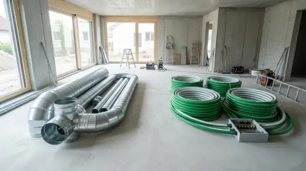 Na budowie leżą metalowe rury i zielone węże, które mogą posłużyć do montażu systemu rekuperacji.