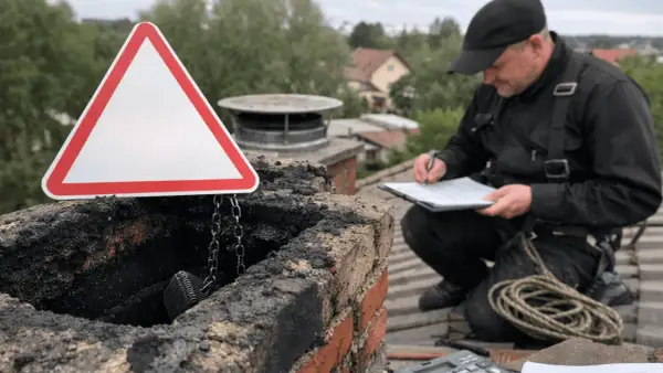 Kominiarz notuje na dachu, obok brudnego komina i pustego trójkąta ostrzegawczego. Brak przeglądu kominiarskiego art.