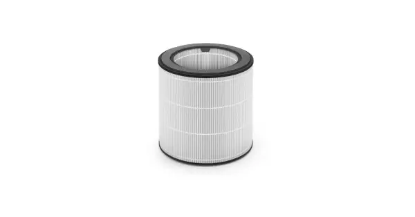 Cylindryczny filtr nanoprotect hepa z białym, plisowanym wkładem i czarną ramką.